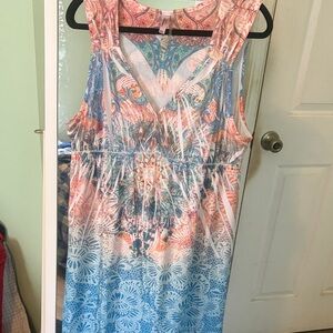 #17.  Kiara Coral and Blue Patterned Midi Dress